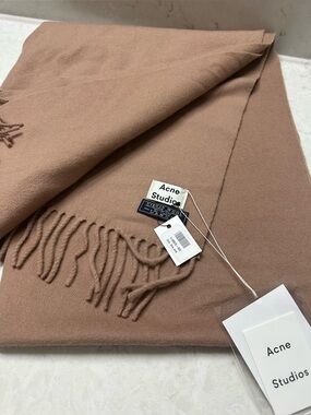 Acne Studios fringed wool scarf in warm camel-pink, NWT, oversized